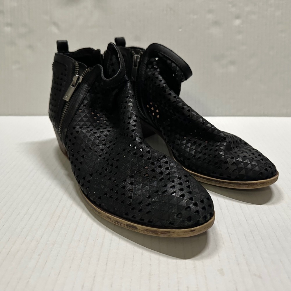 Lucky Brand Basel Booties Womens 10 Black Laser Cut Ankle Boots Side Zip Low Hee
